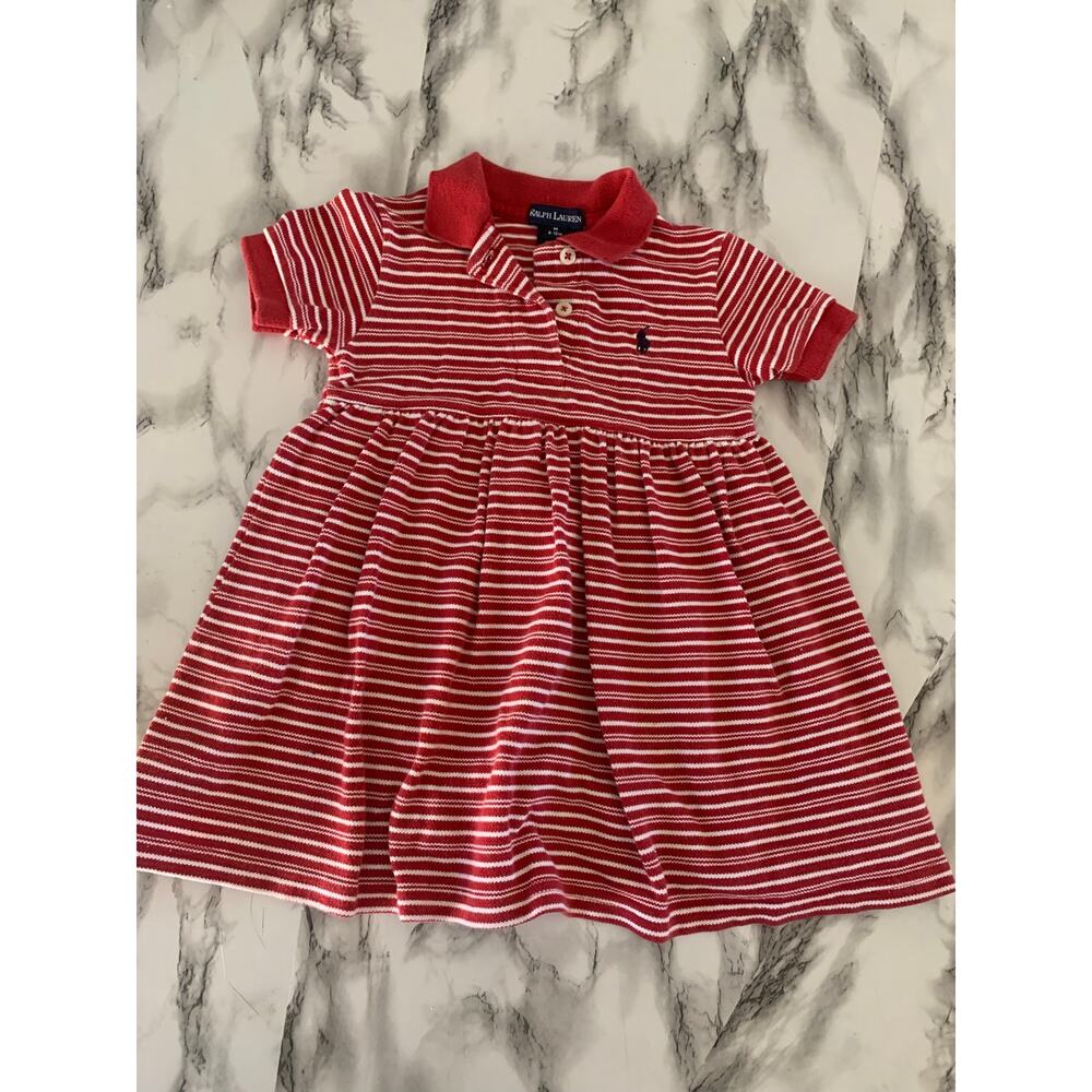Ralph Lauren Baby Girl Red White Stripe Polo Dress Built-In Bodysuit 6-12M